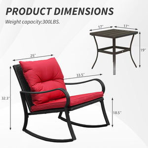 English Elm Metal Outdoor 2-Person Rocking Patio Set with Handwoven Wicker, Plush Cushions & Sturdy Table Red W1859P399566