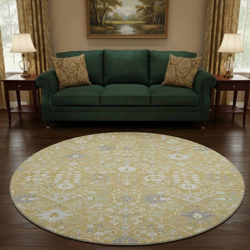 HomeRoots 8' Gold Gray Ivory Oriental Round Rug - Washable, Stain Resistant, UV Protection for High Traffic Areas 679201