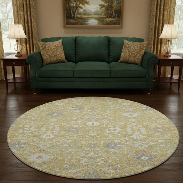 HomeRoots 8' Gold Gray Ivory Oriental Round Rug - Washable, Stain Resistant, UV Protection for High Traffic Areas 679201