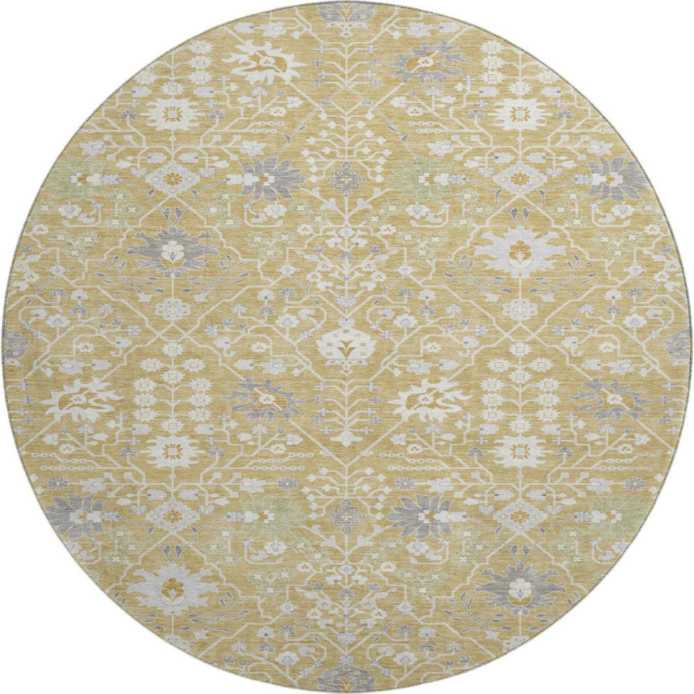 HomeRoots 8' Gold Gray Ivory Oriental Round Rug - Washable, Stain Resistant, UV Protection for High Traffic Areas 679201