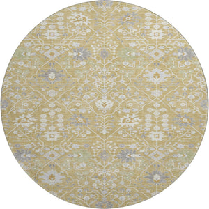 HomeRoots 8' Gold Gray Ivory Oriental Round Rug - Washable, Stain Resistant, UV Protection for High Traffic Areas 679201