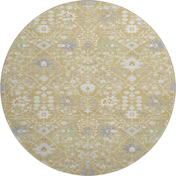 HomeRoots 8' Gold Gray Ivory Oriental Round Rug - Washable, Stain Resistant, UV Protection for High Traffic Areas 679201