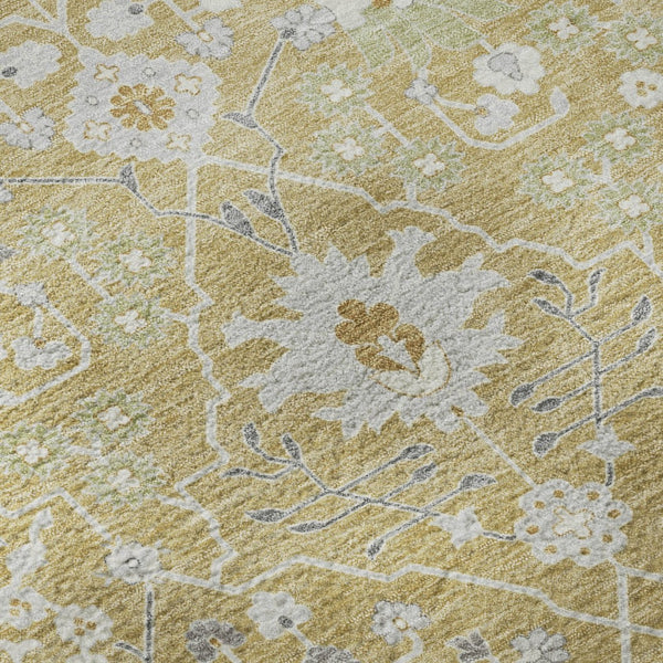 HomeRoots 8' Gold Gray Ivory Oriental Round Rug - Washable, Stain Resistant, UV Protection for High Traffic Areas 679201
