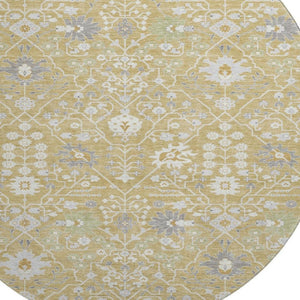 HomeRoots 8' Gold Gray Ivory Oriental Round Rug - Washable, Stain Resistant, UV Protection for High Traffic Areas 679201