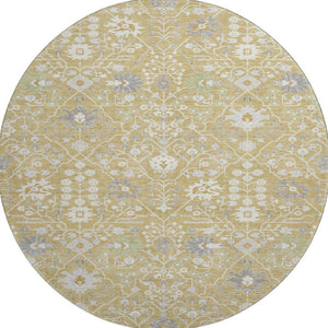 HomeRoots 8' Gold Gray Ivory Oriental Round Rug - Washable, Stain Resistant, UV Protection for High Traffic Areas 679201