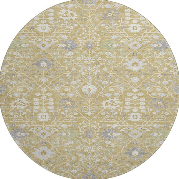 HomeRoots 8' Gold Gray Ivory Oriental Round Rug - Washable, Stain Resistant, UV Protection for High Traffic Areas 679201