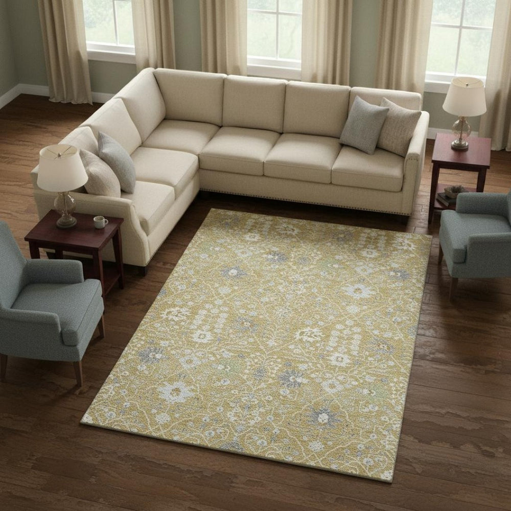 HomeRoots 9' X 12' Washable Gold Gray Ivory Oriental Area Rug with UV Protection for High-Traffic Homes 679203