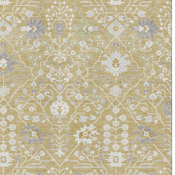 HomeRoots 9' X 12' Washable Gold Gray Ivory Oriental Area Rug with UV Protection for High-Traffic Homes 679203
