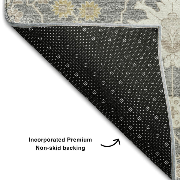 HomeRoots 5' X 8' Gray Ivory Beige Oriental Washable Area Rug - Stylish UV Protected, Durable & Easy-Care Design 679206