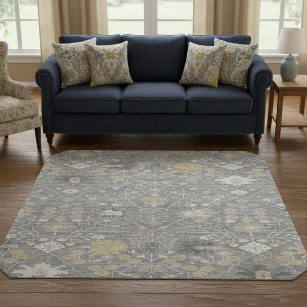 HomeRoots 8' Gray Ivory and Beige Oriental Washable Round Rug – Durable, Stylish, UV-Protected for Homes 679207