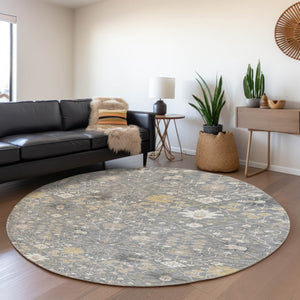 HomeRoots 8' Gray Ivory and Beige Oriental Washable Round Rug – Durable, Stylish, UV-Protected for Homes 679207