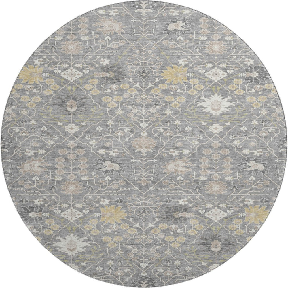HomeRoots 8' Gray Ivory and Beige Oriental Washable Round Rug – Durable, Stylish, UV-Protected for Homes 679207