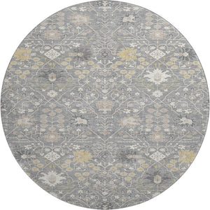 HomeRoots 8' Gray Ivory and Beige Oriental Washable Round Rug – Durable, Stylish, UV-Protected for Homes 679207