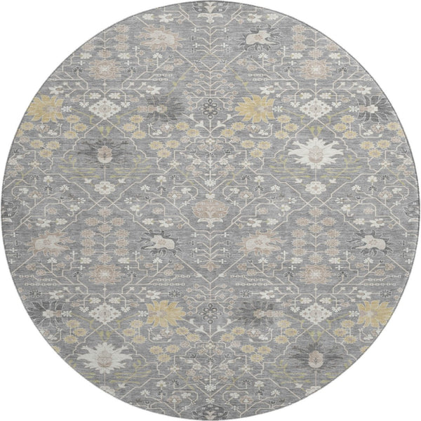 HomeRoots 8' Gray Ivory and Beige Oriental Washable Round Rug – Durable, Stylish, UV-Protected for Homes 679207