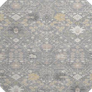 HomeRoots 8' Gray Ivory and Beige Oriental Washable Round Rug – Durable, Stylish, UV-Protected for Homes 679207
