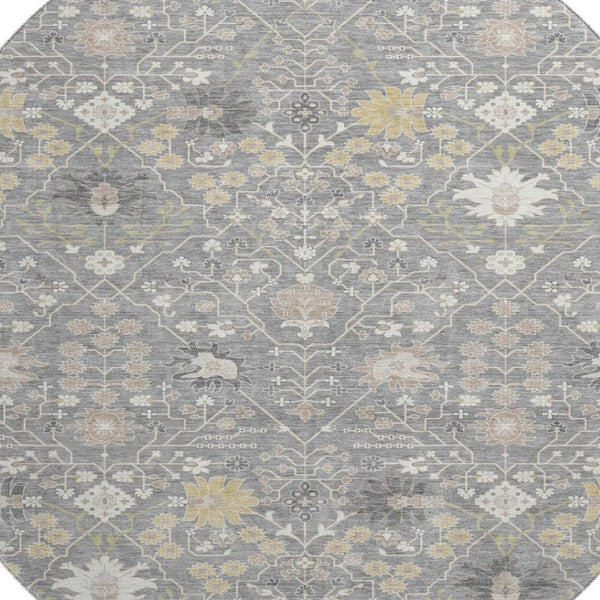 HomeRoots 8' Gray Ivory and Beige Oriental Washable Round Rug – Durable, Stylish, UV-Protected for Homes 679207