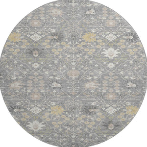 HomeRoots 8' Gray Ivory and Beige Oriental Washable Round Rug – Durable, Stylish, UV-Protected for Homes 679207