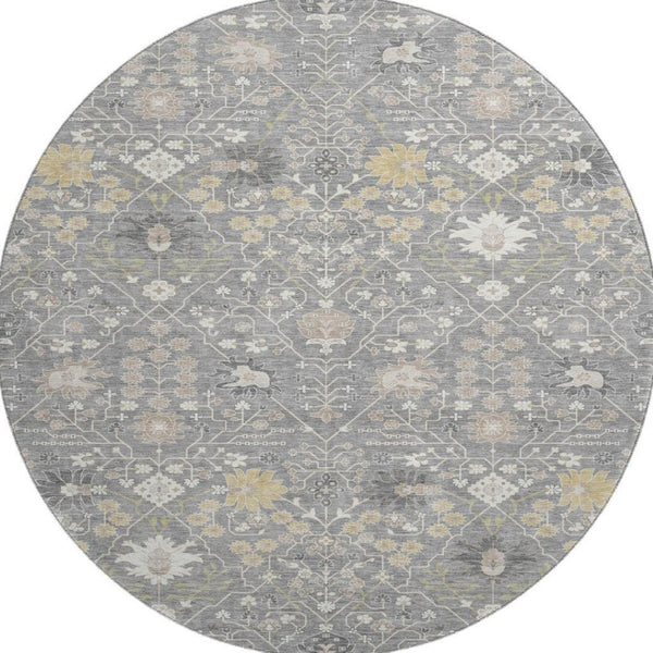 HomeRoots 8' Gray Ivory and Beige Oriental Washable Round Rug – Durable, Stylish, UV-Protected for Homes 679207