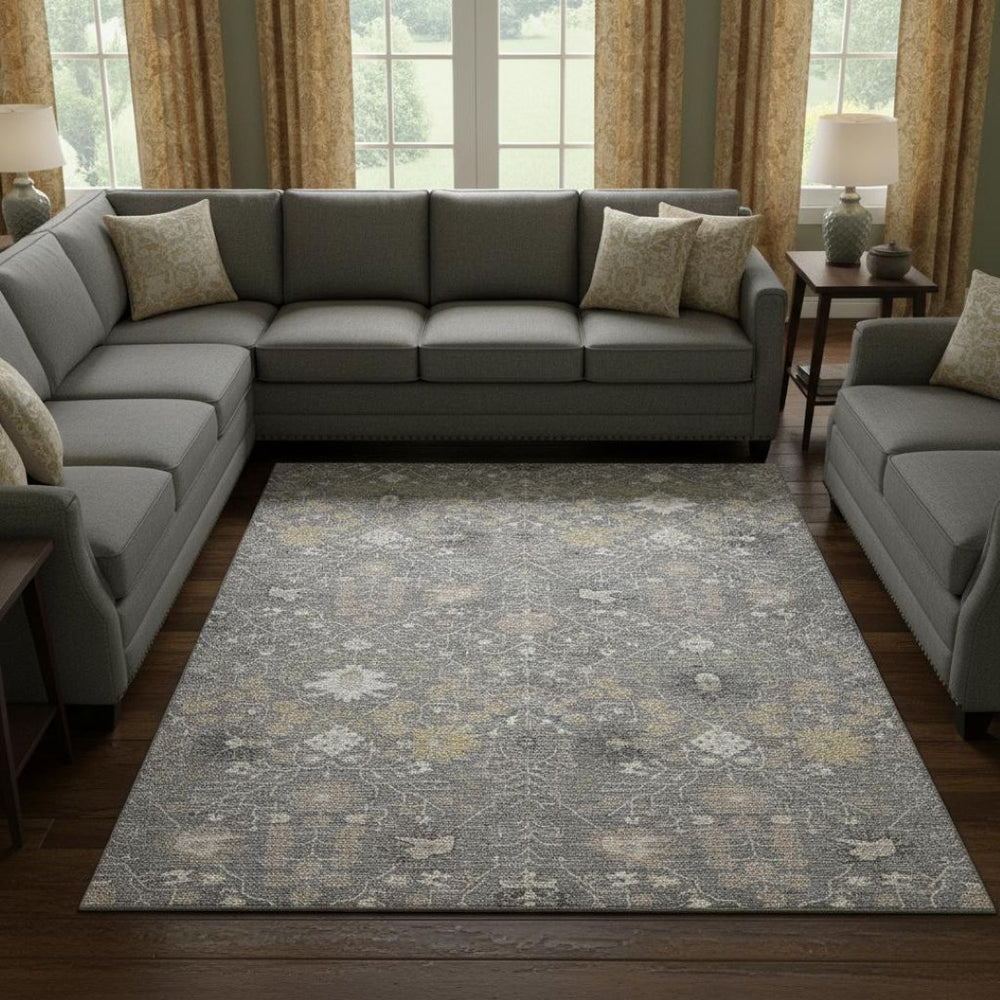 HomeRoots 9' X 12' Gray, Ivory & Beige Oriental Area Rug - Washable, UV-Protected, Stylish & Durable Design 679209