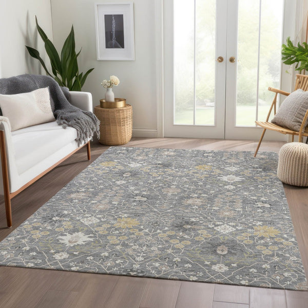 HomeRoots 9' X 12' Gray, Ivory & Beige Oriental Area Rug - Washable, UV-Protected, Stylish & Durable Design 679209