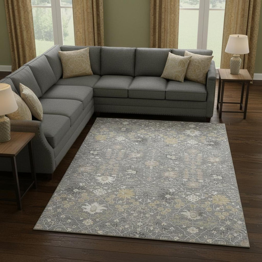 HomeRoots 10' Gray Ivory and Beige Oriental Washable Area Rug - Stain Resistant, UV Protected, Durable Design 679210