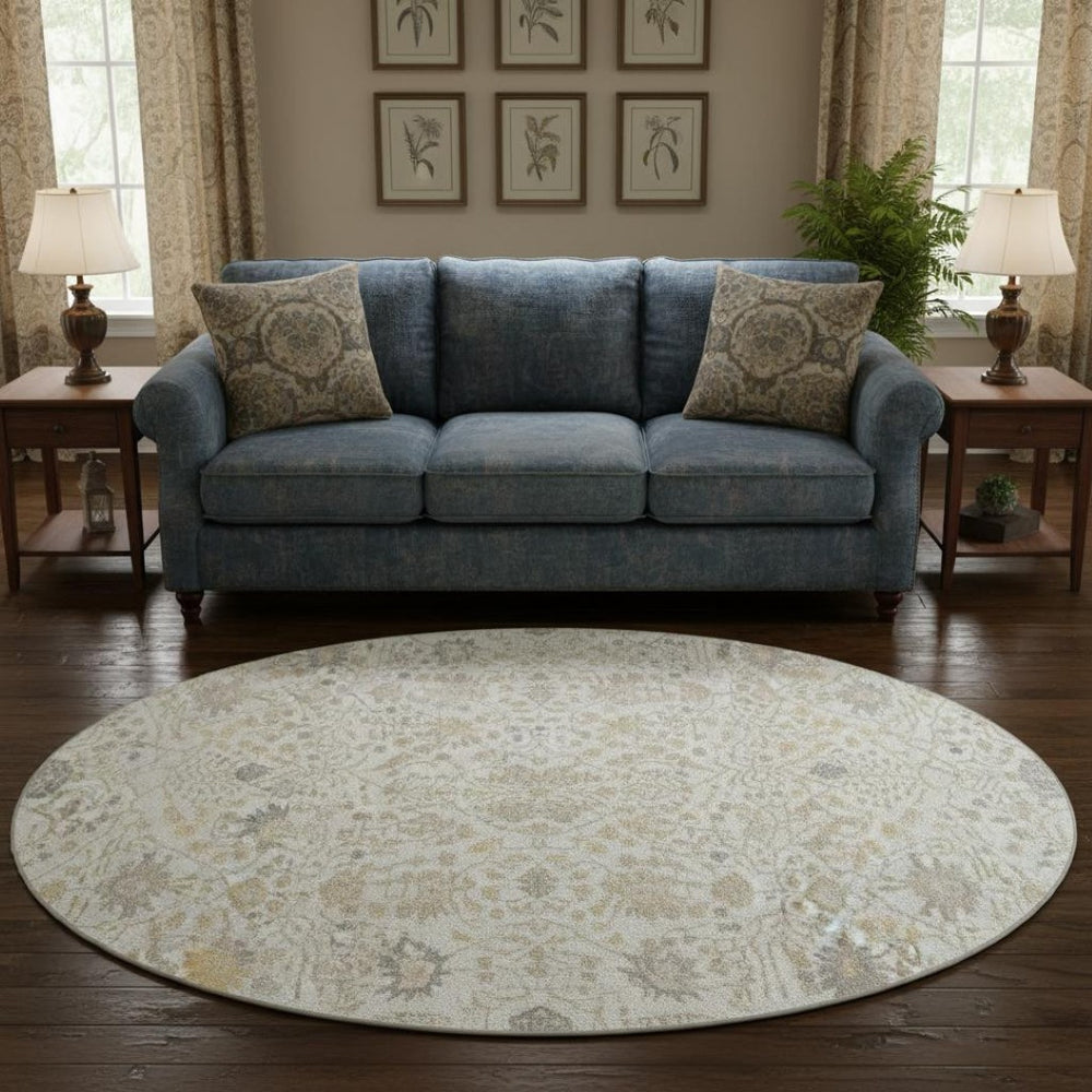 HomeRoots 8' Elegant Washable Round Rug in Ivory, Beige & Gray – Durable, UV-Protected, Ideal for Homes with Kids 679213