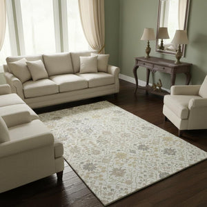 HomeRoots 10' X 14' Elegant Ivory Beige & Gray Oriental Area Rug - Washable, UV Protected for High-Traffic Homes 679216