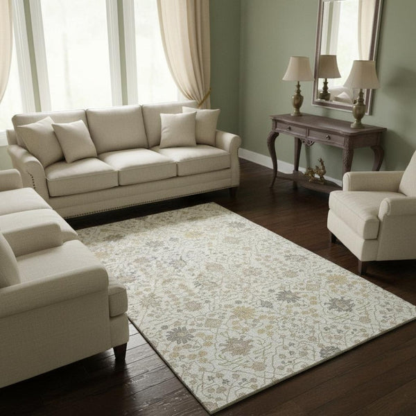 HomeRoots 10' X 14' Elegant Ivory Beige & Gray Oriental Area Rug - Washable, UV Protected for High-Traffic Homes 679216