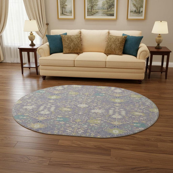 HomeRoots 8' Elegant Washable Round Oriental Rug in Lavender, Beige & Blue - UV Resistant & Stain Proof 679219