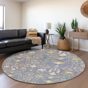 HomeRoots 8' Elegant Washable Round Oriental Rug in Lavender, Beige & Blue - UV Resistant & Stain Proof 679219