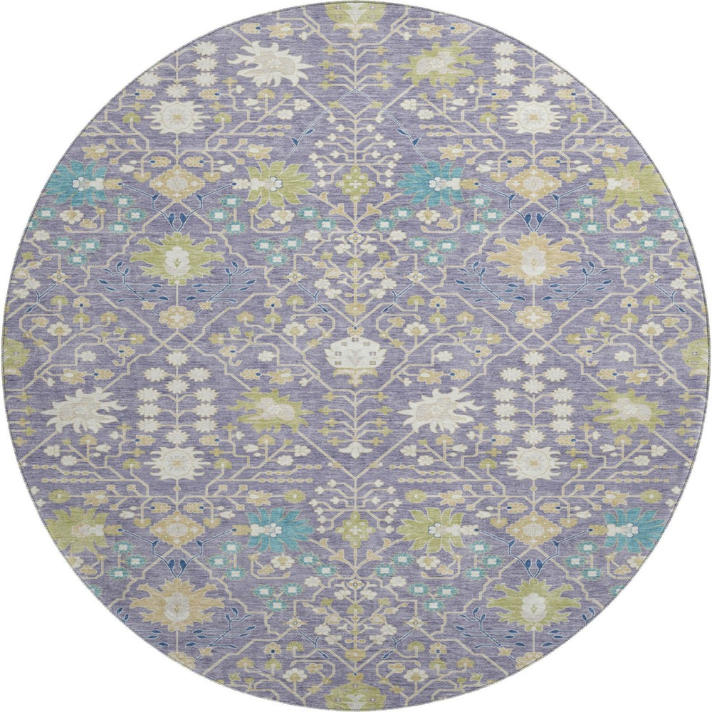 HomeRoots 8' Elegant Washable Round Oriental Rug in Lavender, Beige & Blue - UV Resistant & Stain Proof 679219