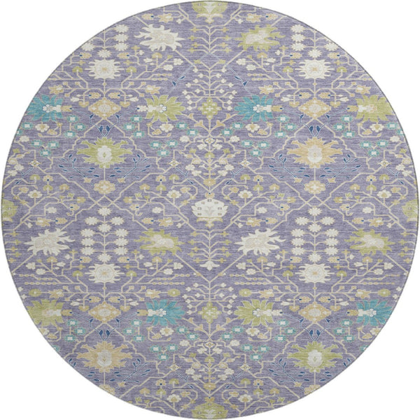 HomeRoots 8' Elegant Washable Round Oriental Rug in Lavender, Beige & Blue - UV Resistant & Stain Proof 679219