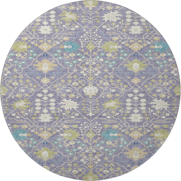HomeRoots 8' Elegant Washable Round Oriental Rug in Lavender, Beige & Blue - UV Resistant & Stain Proof 679219