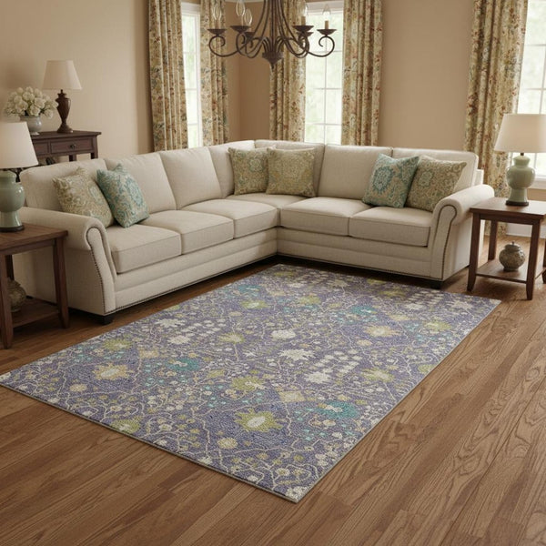 HomeRoots 8' X 10' Elegant Lavender Beige & Blue Oriental Area Rug - Washable, UV Protection & Stain Resistant 679220