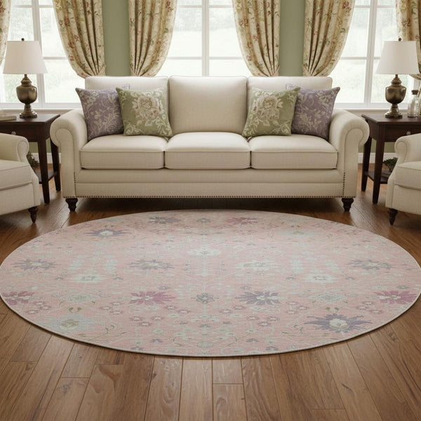 HomeRoots 8' Vintage-Inspired Pink Lavender Round Rug - Washable, UV-Protected, Perfect for High-Traffic Areas 679225