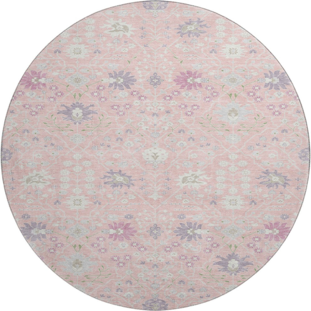 HomeRoots 8' Vintage-Inspired Pink Lavender Round Rug - Washable, UV-Protected, Perfect for High-Traffic Areas 679225