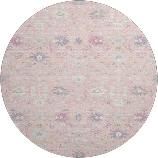 HomeRoots 8' Vintage-Inspired Pink Lavender Round Rug - Washable, UV-Protected, Perfect for High-Traffic Areas 679225