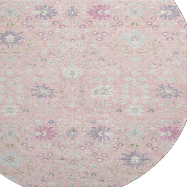 HomeRoots 8' Vintage-Inspired Pink Lavender Round Rug - Washable, UV-Protected, Perfect for High-Traffic Areas 679225