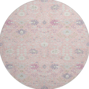 HomeRoots 8' Vintage-Inspired Pink Lavender Round Rug - Washable, UV-Protected, Perfect for High-Traffic Areas 679225