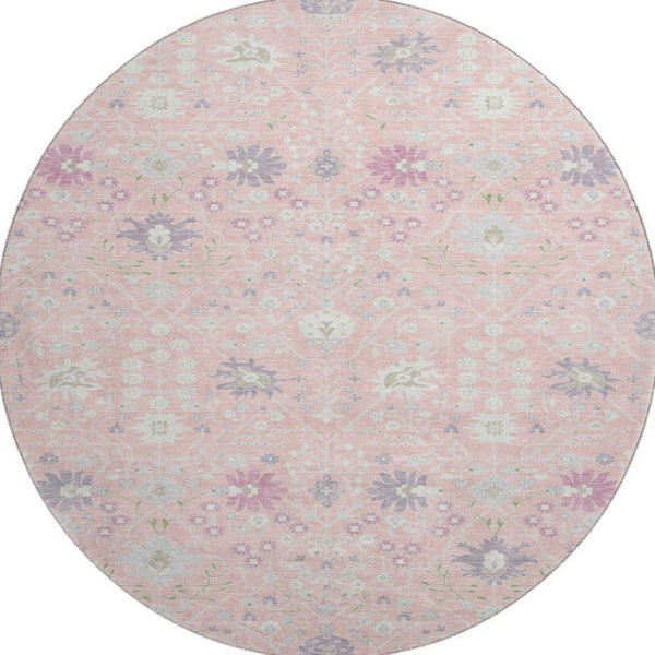 HomeRoots 8' Vintage-Inspired Pink Lavender Round Rug - Washable, UV-Protected, Perfect for High-Traffic Areas 679225