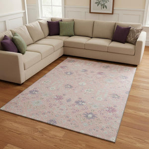 HomeRoots 9' X 12' Elegant Pink, Silver & Lavender Washable Oriental Area Rug with UV Protection & Stain Resistance 679227