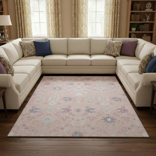HomeRoots 10' Pink, Silver & Lavender Oriental Washable Area Rug - Elegant UV Protected Design for Homes 679228