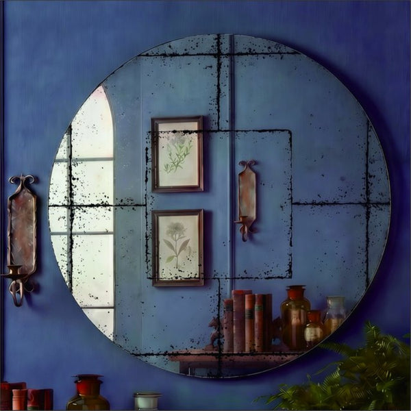 English Elm Round Iron Framed Wall Mirror with Weathered Etched Detail for Living Room or Foyer W3935P406810