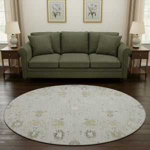 HomeRoots 8' Elegant Silver Gold and Gray Oriental Washable Round Rug with UV Protection for High-Traffic Areas 679231