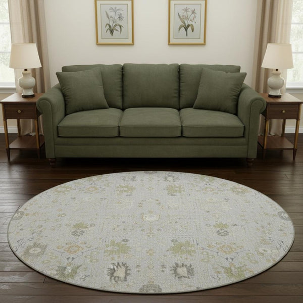 HomeRoots 8' Elegant Silver Gold and Gray Oriental Washable Round Rug with UV Protection for High-Traffic Areas 679231