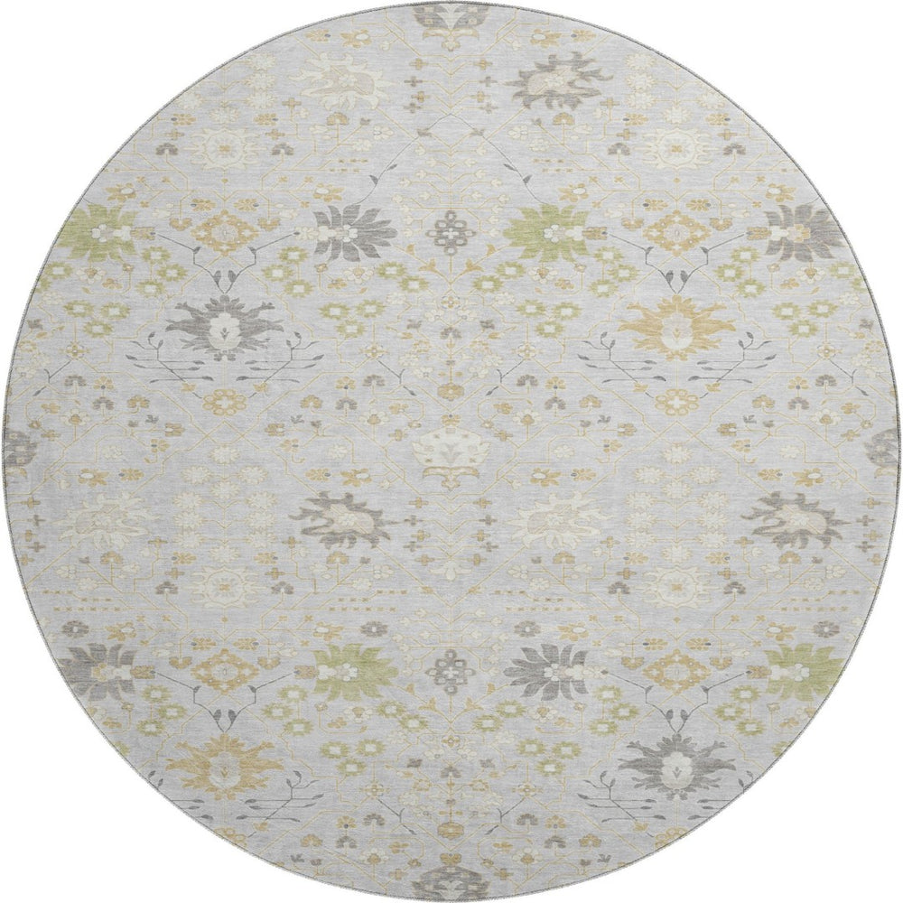 HomeRoots 8' Elegant Silver Gold and Gray Oriental Washable Round Rug with UV Protection for High-Traffic Areas 679231
