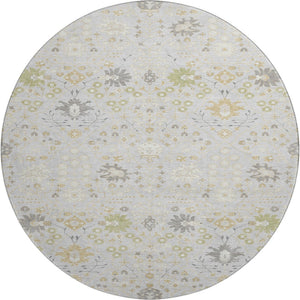 HomeRoots 8' Elegant Silver Gold and Gray Oriental Washable Round Rug with UV Protection for High-Traffic Areas 679231