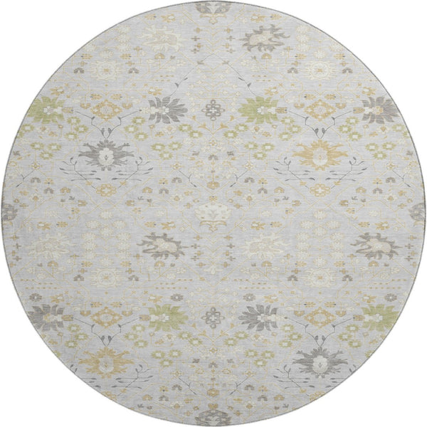 HomeRoots 8' Elegant Silver Gold and Gray Oriental Washable Round Rug with UV Protection for High-Traffic Areas 679231