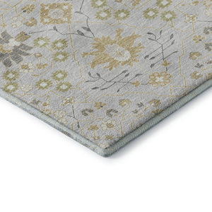 HomeRoots 8' Elegant Silver Gold and Gray Oriental Washable Round Rug with UV Protection for High-Traffic Areas 679231