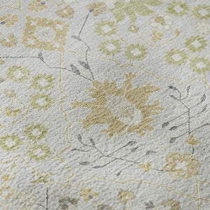 HomeRoots 8' Elegant Silver Gold and Gray Oriental Washable Round Rug with UV Protection for High-Traffic Areas 679231